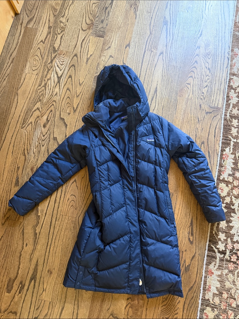 Patagonia Navy Women's Long Hooded Down Coat